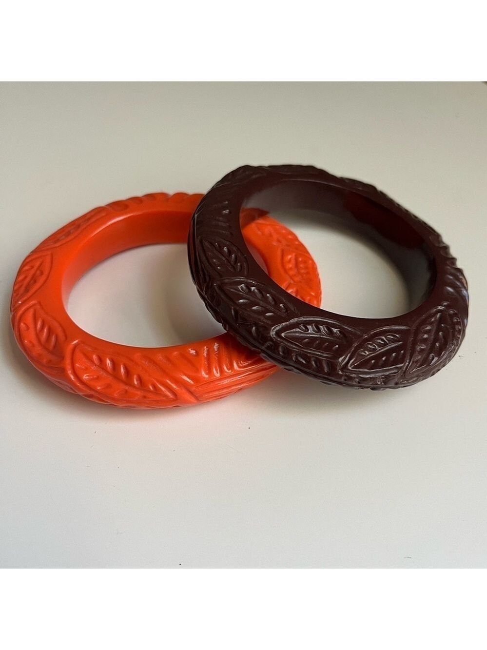 Vintage Bangle bracelets Orange and Brown Leaf Pattern set of 2